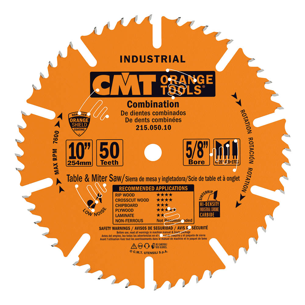 CMT 10" x 50T x 5/8" Industrial Combination Tungsten Carbide Tipped Thin Kerf Circular Saw Blade