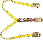 Gemtor SP1101LY6 Soft-Pack energy absorber with two 1" wide polyester web lanyards, #5155 locking snaphooks at each of the three ends. 6 ft