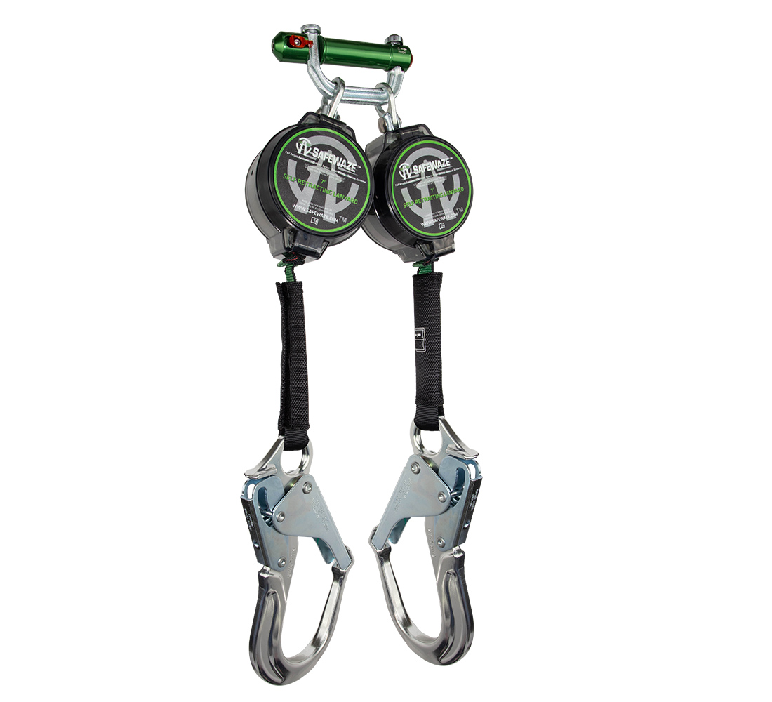 SafeWaze 7' Dual Leg Web Self Retracting Lanyard w/ Aluminum Rebar Hooks