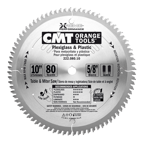 CMT 10" x 80T x 5/8" Industrial XTreme Plexiglass & Plastic Tungsten Carbide Tipped Circular Saw Blade