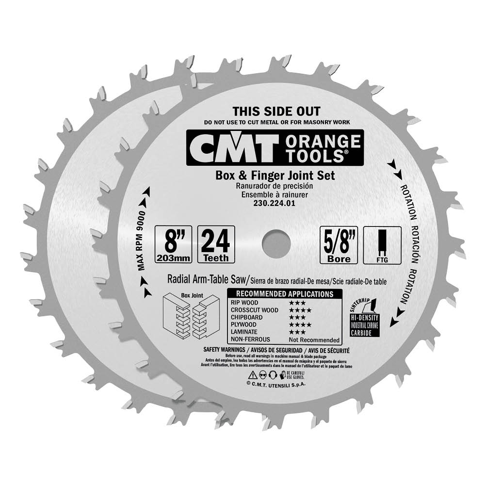 CMT 8" x 24+24T x 5/8" Box & Finger Joint Tungsten Carbide Tipped Circular Saw Blade Set