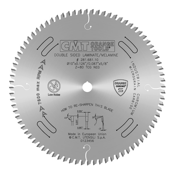 CMT 10" x 80T x 5/8" Industrial Chromed Double Sided Laminate Melamine Tungsten Carbide Tipped Circular Saw Blade