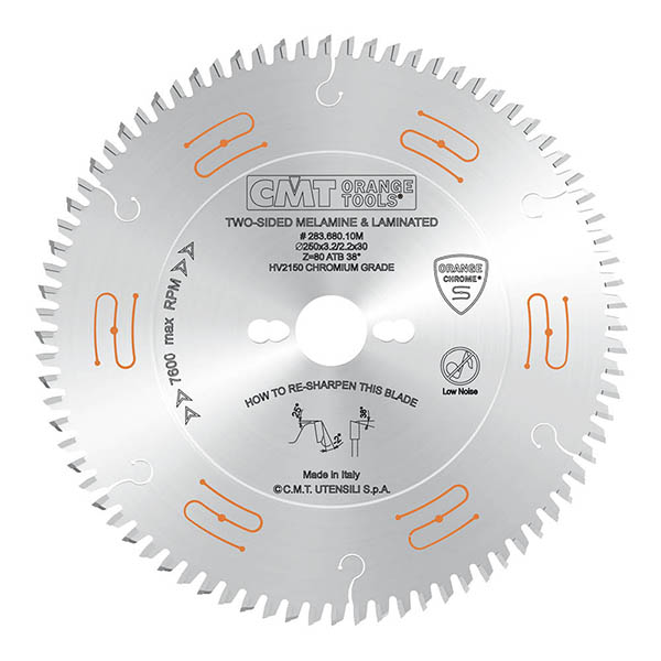 CMT 250mm x 80T x 30mm Industrial Low Noise Chrome Coated Two-Sided Melamine Laminated Tungsten Carbide Tipped Circular Saw Blade