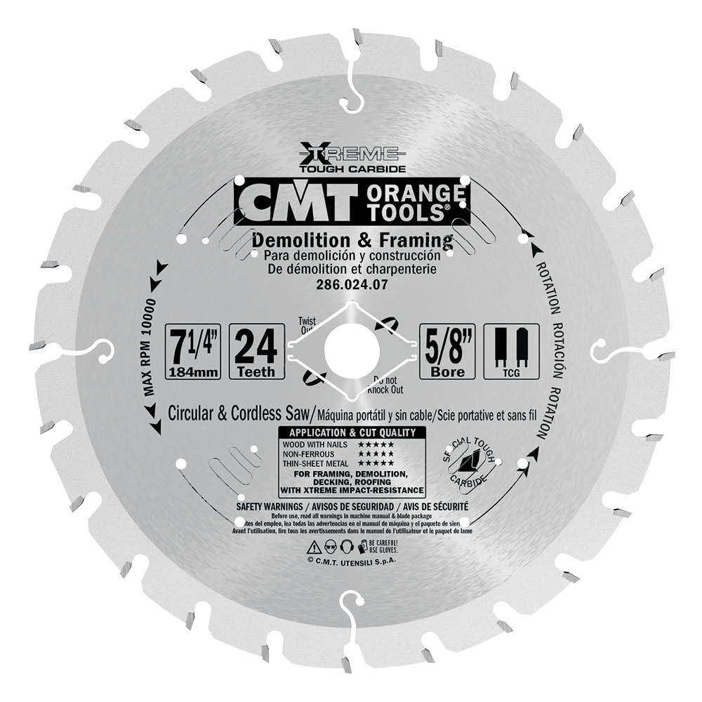 CMT 7-1/4" x 24T x 5/8" Industrial Xtreme Demolition & Rescue Tungsten Carbide Tipped Circular Saw Blade