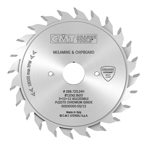 CMT 100mm x 10+10T x 20mm Industrial Adjustable Chrome Coated Melamine & Chipboard Tungsten Carbide Tipped Circular Scoring Saw Blade