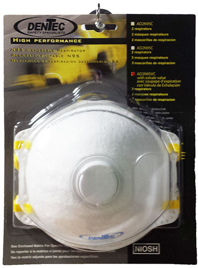 Dentec Safety N95 Disposable Particulate Respirators w/ Exhale Valve - 2 Mask Blister Pack