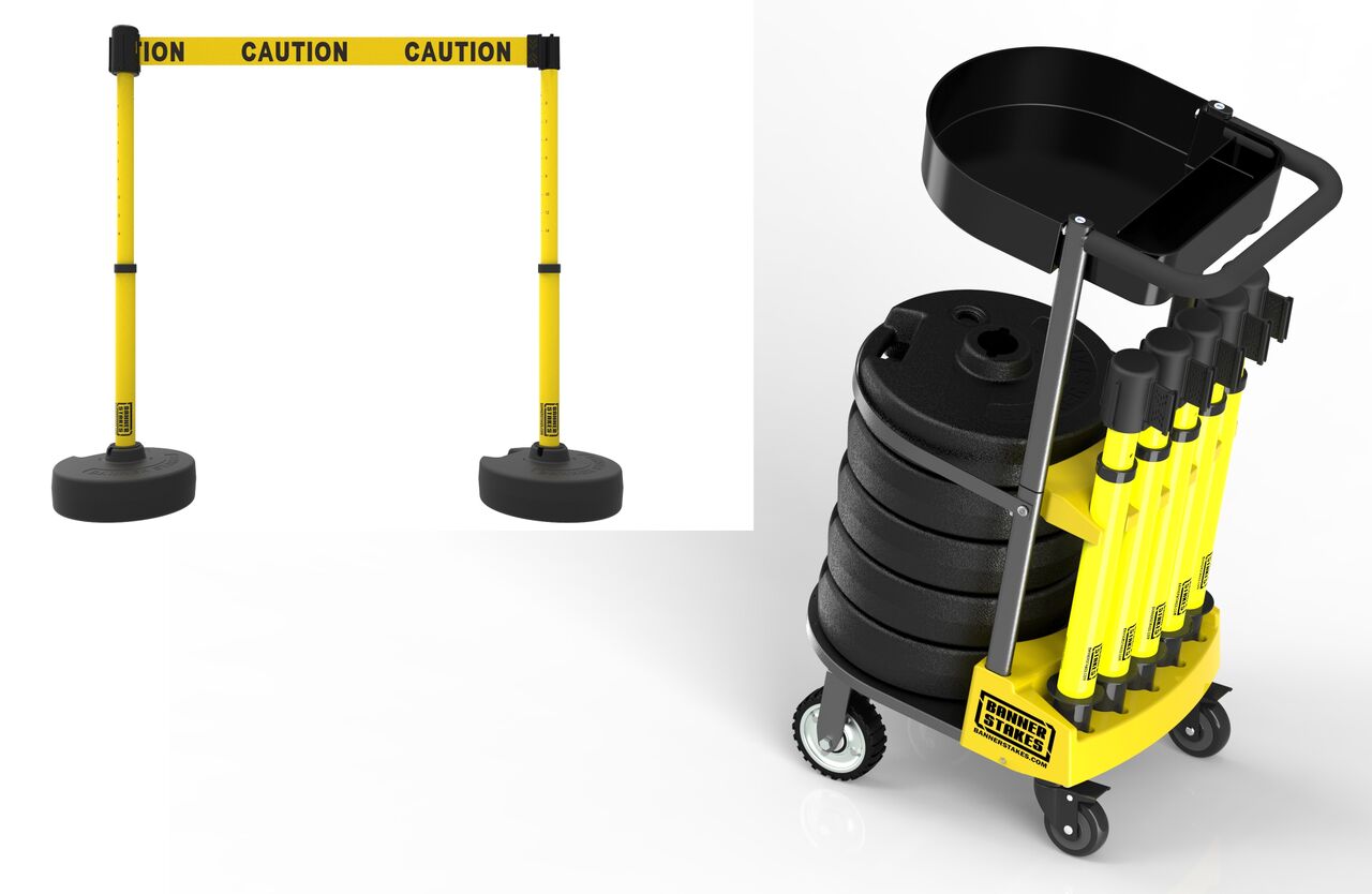 Banner Stakes Plus Cart Package With Tray & Yellow "Caution" Banner