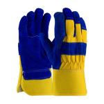 PIP Top Grain Blue/Yellow Fleece Pile Lined Fabric Back Split Cowhide Leather Palm Gloves - Rubberized Safety Cuff