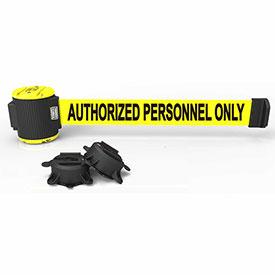 Banner Stakes Magnetic 7' Yellow Wall Mount Barrier - Authorized Personnel Only Banner
