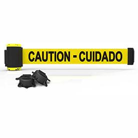 Banner Stakes Magnetic 7' Yellow Wall Mount Barrier - Caution-Cuidado Banner