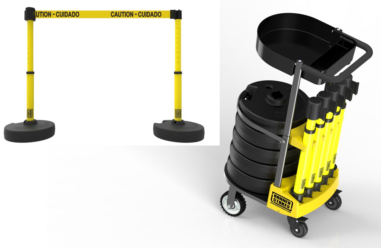 Banner Stakes Plus Cart Package With Tray & Yellow Caution-Cuidado Banner