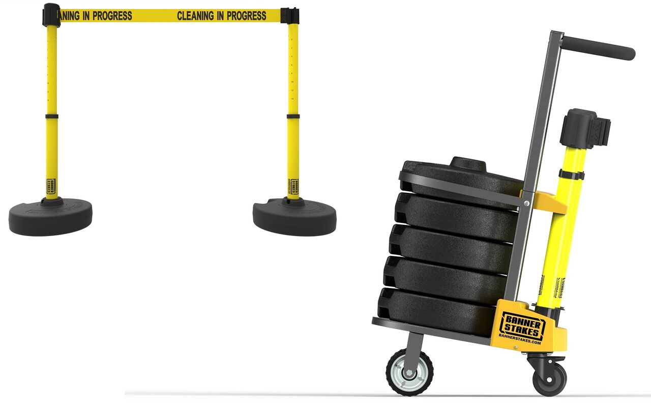 Banner Stakes Plus Cart Package With Yellow Cleaning in Progress Banner