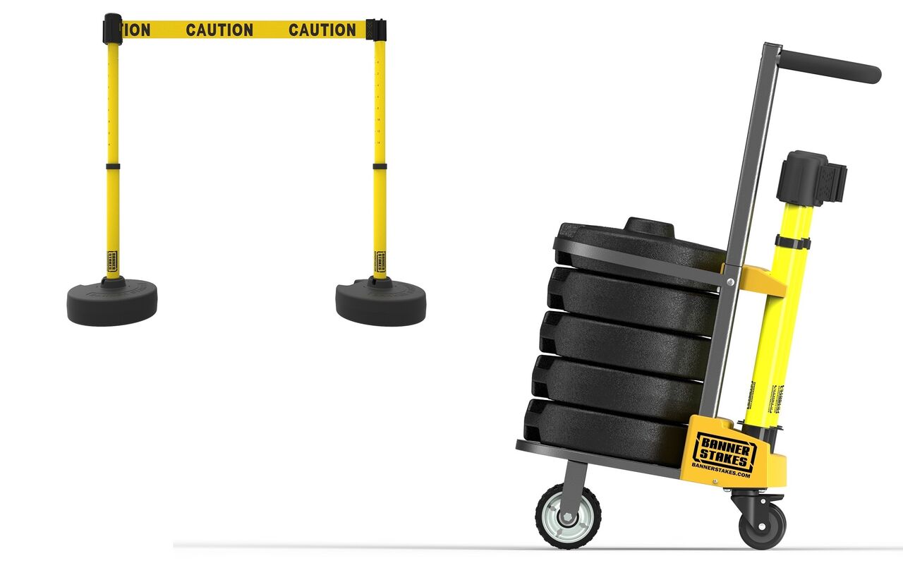 Banner Stakes Plus Cart Package With Yellow, Double-Sided Caution Banner