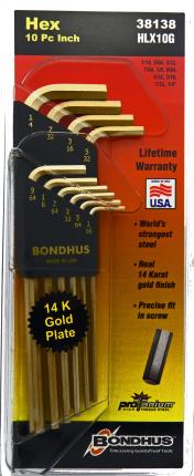 Bondhus 38138, Set 10 GoldGuard Plated Hex L-Wrenches 1/16 - 1/4 - Long