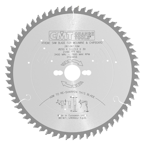CMT 220mm x 63T x 30mm Xtreme Laminated Chipboard Tungsten Carbide Tipped Circular Saw Blade