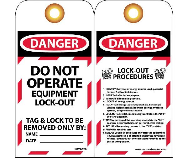 DANGER DO NOT OPERATE EQUIPMENT LOCK-OUT TAG
