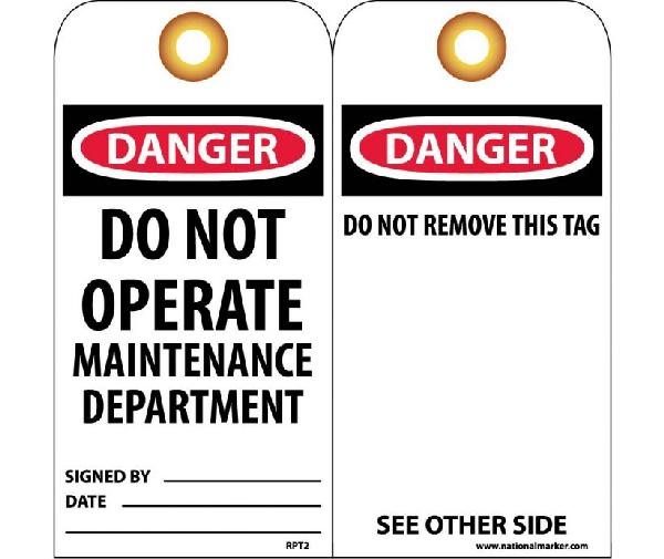 DANGER DO NOT OPERATE MAINTENANCE DEPARTMENT TAG_