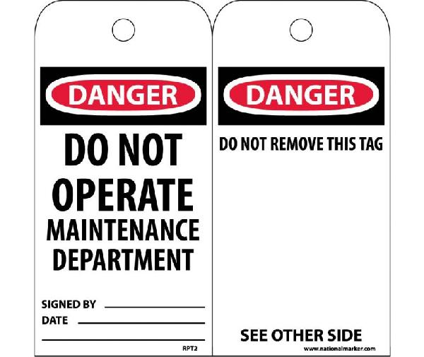 DANGER DO NOT OPERATE MAINTENANCE DEPARTMENT TAG_