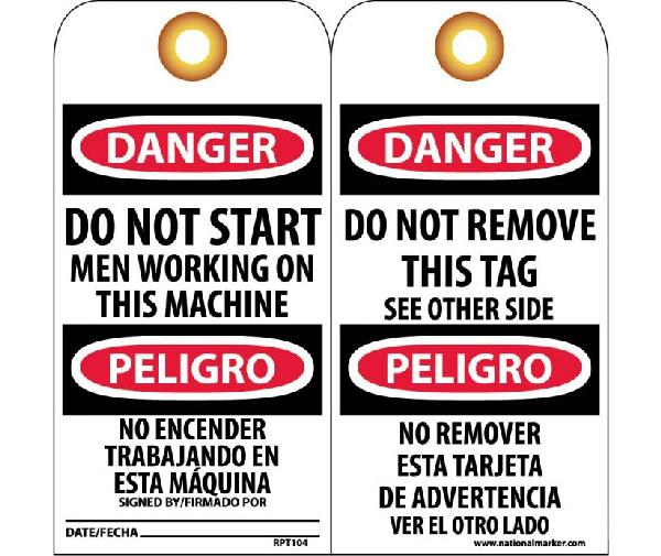 DANGER DO NOT START MEN WORKING BILINGUAL TAG