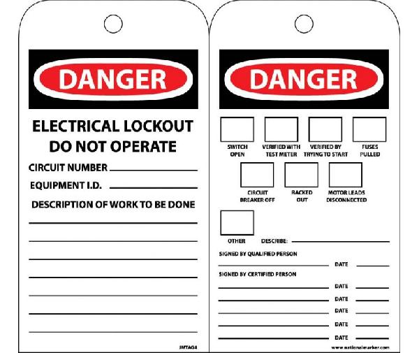 DANGER ELECTRICAL LOCKOUT DO NOT OPERATE TAG
