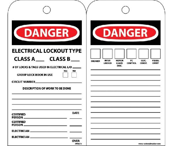 DANGER ELECTRICAL LOCKOUT TYPE CLASS A & CLASS B TAG