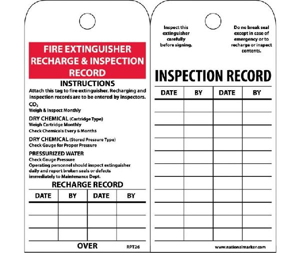 FIRE EXTINGUISHER RECHARGE & INSPECTION RECORD TAG