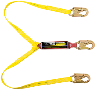 Gemtor SP1101LY6 Soft-Pack energy absorber with two 1 wide polyester web lanyards, #5155 locking snaphooks at each of the three ends. 6 ft