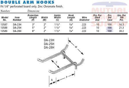 Heavy Duty Double Arm Zinc Plated Steel 1/4 Peg Board Hooks