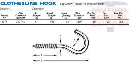 Lag Screw Thread Zinc Plated Steel Clothesline Hooks