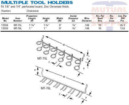 Multiple Tool Holder Zinc Plated Steel 1/8 1/4 Peg Board Hooks