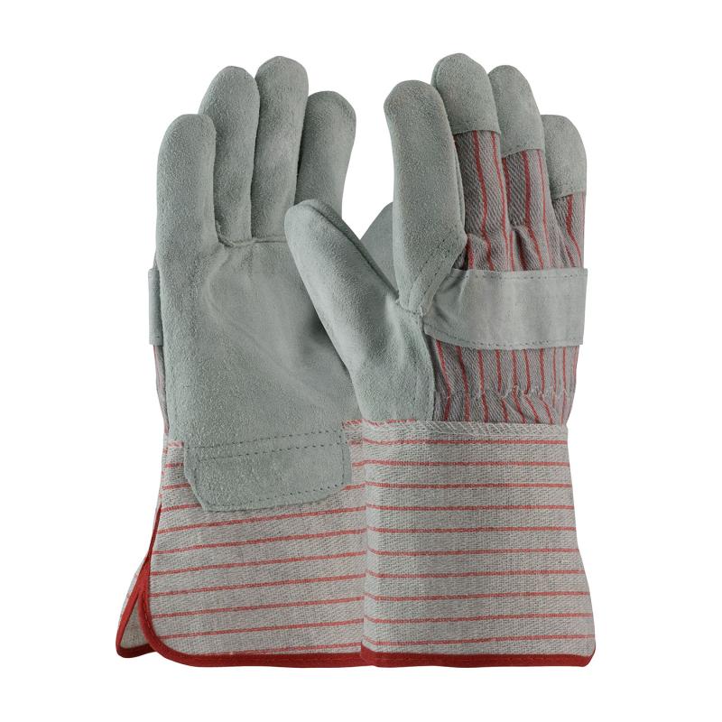 PIP B/C Grade Gray Fabric Back Shoulder Split Cowhide Leather Palm Gloves - Starched Gauntlet Cuff