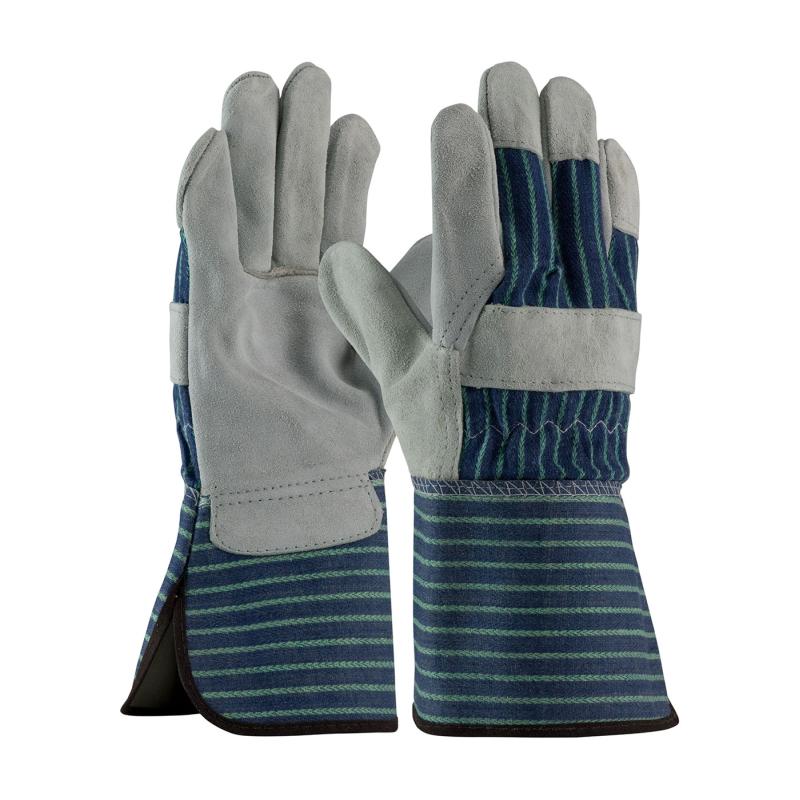 PIP Grade A/B Blue Fabric Back Shoulder Split Cowhide Leather Palm Gloves - Rubberized Gauntlet Cuff