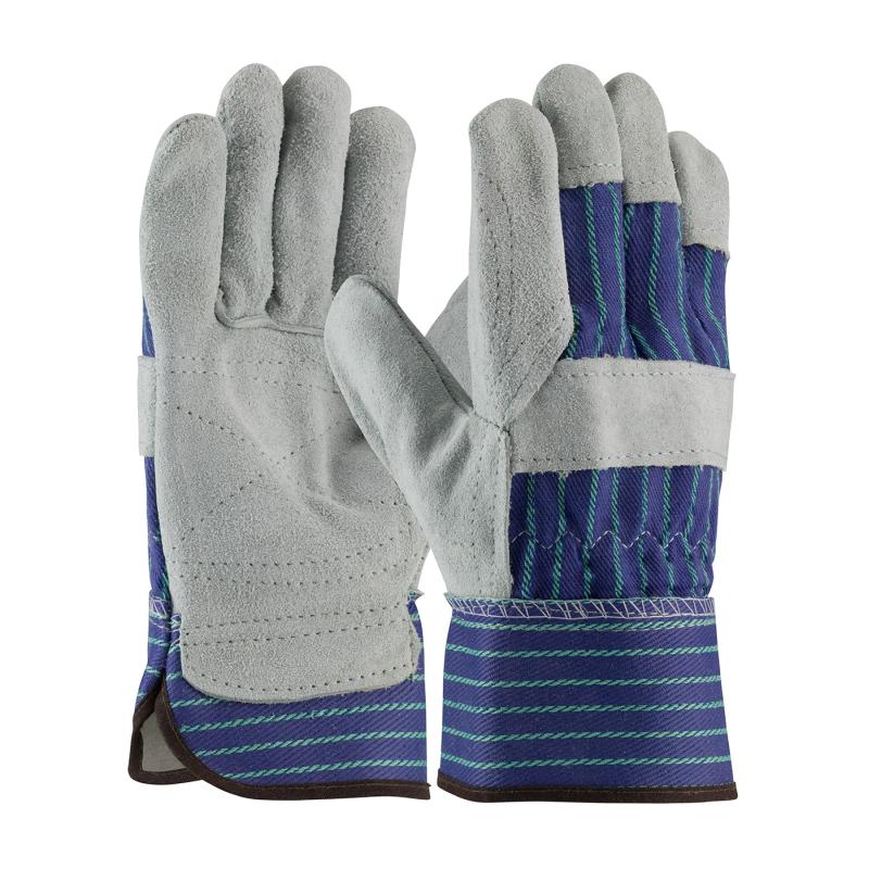 PIP Grade A/B Large Blue Fabric Back Shoulder Split Cowhide Leather Double Palm Gloves - Extended Wear
