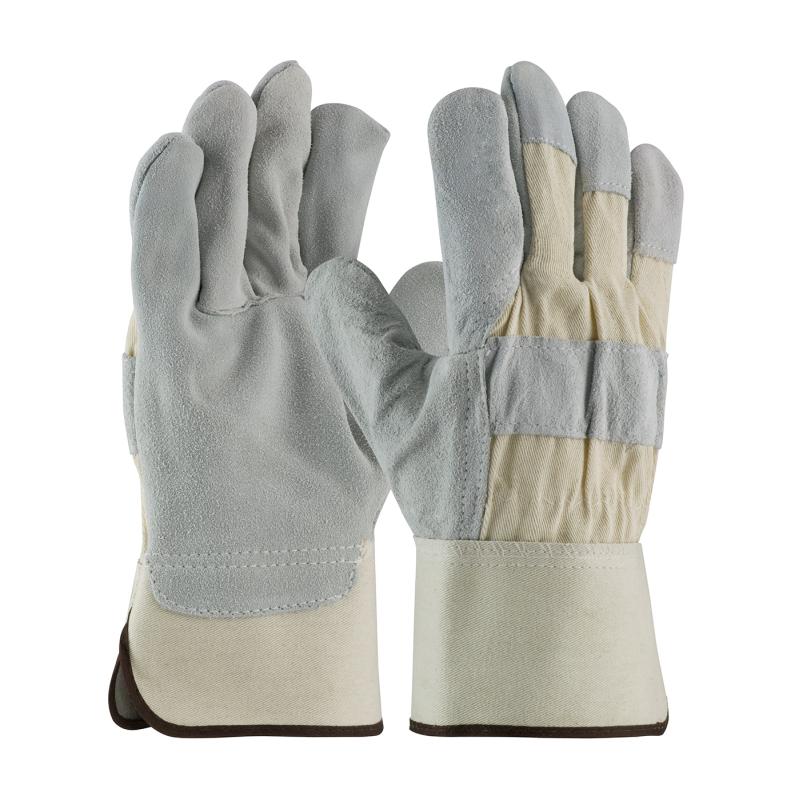 PIP Grade A/B White Fabric Back Shoulder Split Cowhide Leather Palm Gloves - Rubberized Safety Cuff