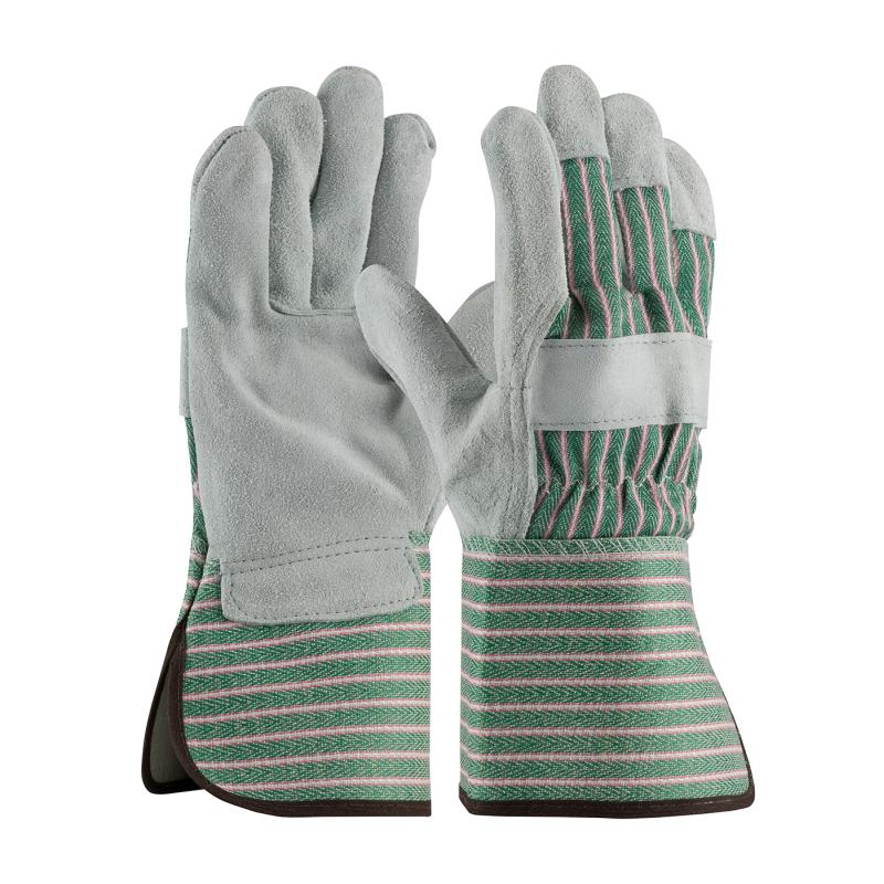 PIP Grade B Green Fabric Back Shoulder Split Cowhide Leather Palm Gloves - Rubberized Gauntlet Cuff