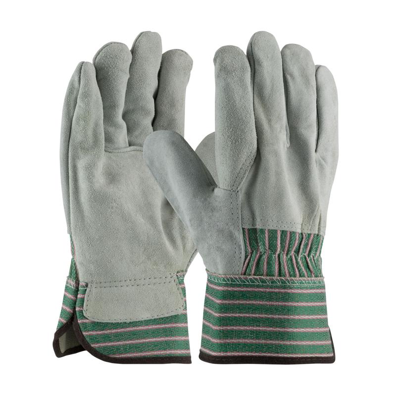 PIP Grade B Large Green Shoulder Split Cowhide 3/4 Leather Back Palm Gloves - Rubberized Safety Cuff