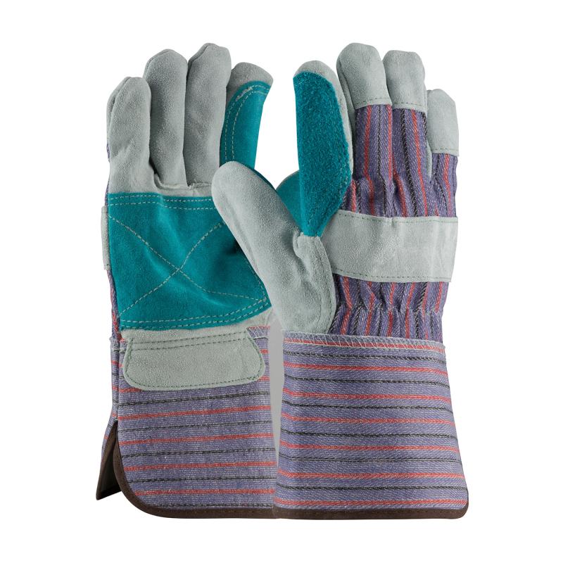PIP Grade B/C Large Blue Fabric Back Shoulder Split Cowhide Leather Double Palm Gloves - Rubberized Gauntlet Cuff