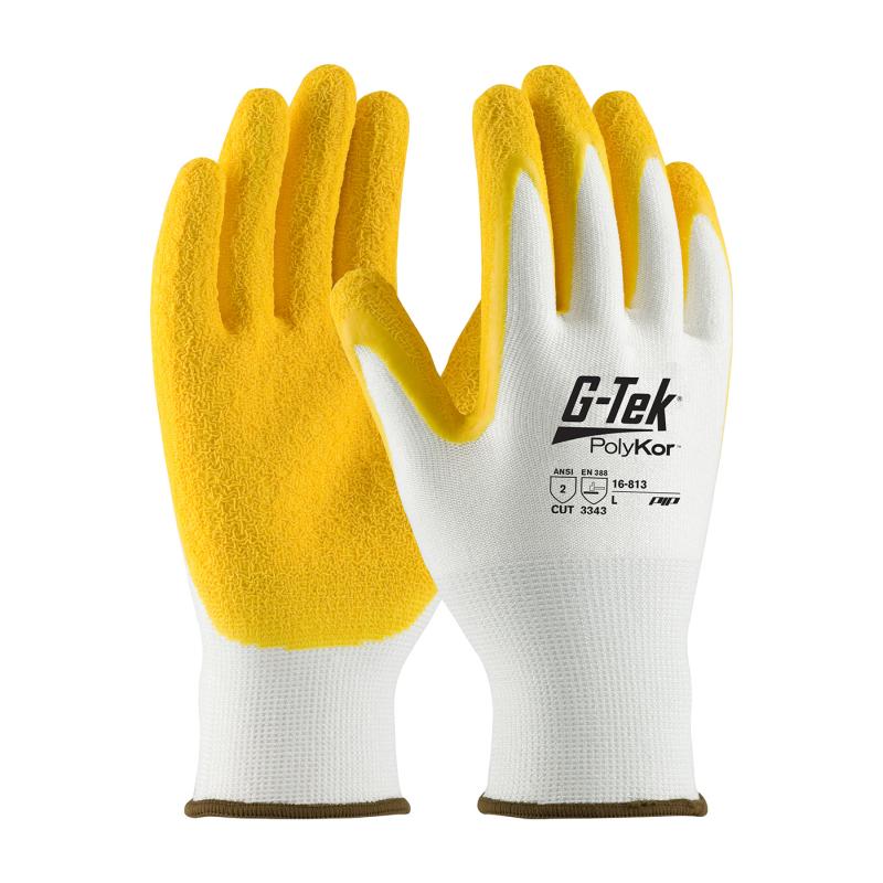 PIP G-Tek® PolyKor® White/Yellow 13G Seamless Knit A2 Crinkle Grip Latex Coated Gloves