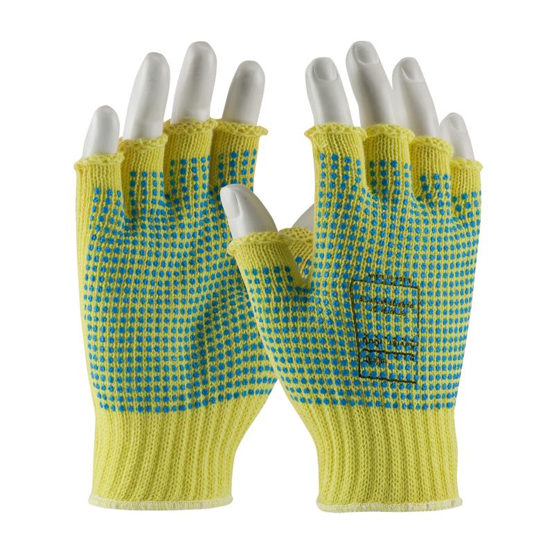 PIP Kut Gard® 7 Gauge Yellow Seamless Knit Double Sided PVC Dot Dipped Kevlar Gloves - Half Fingers