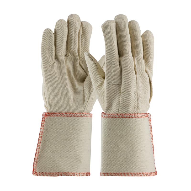 PIP Men's Premium Grade Natural 10 oz. Cotton Canvas Single Palm Gloves - Plasticized Gauntlet Cuff
