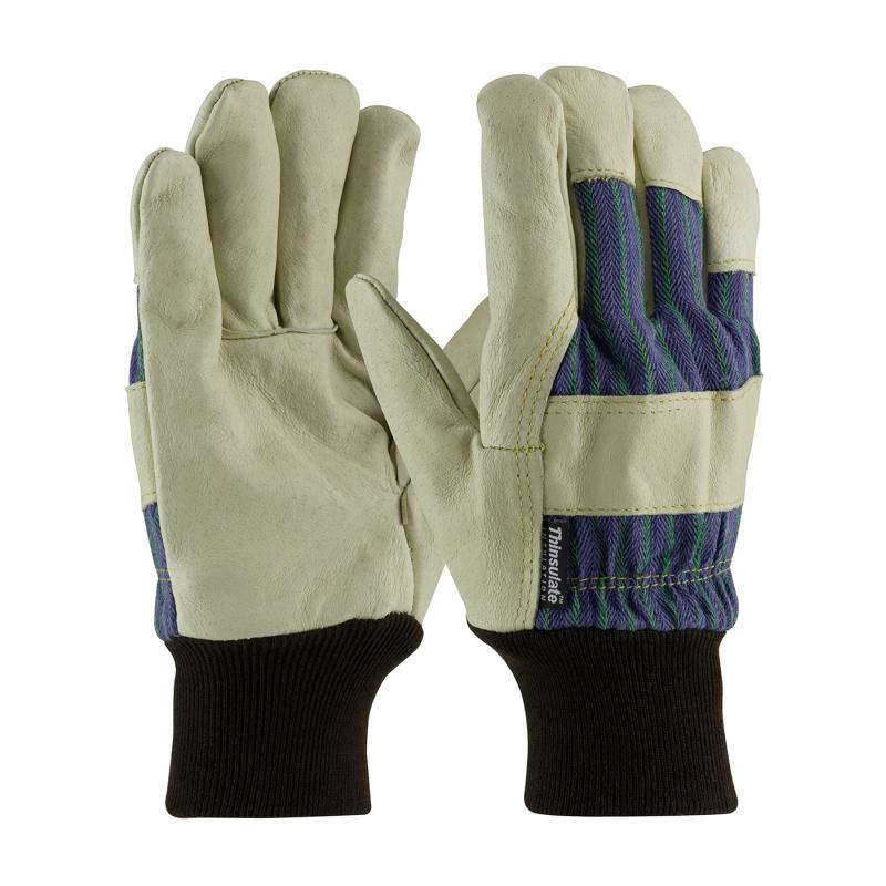 PIP Natural/Blue Top Grain Thinsulate™ Lined Fabric Back Pigskin Leather Gloves - Knit Wrist
