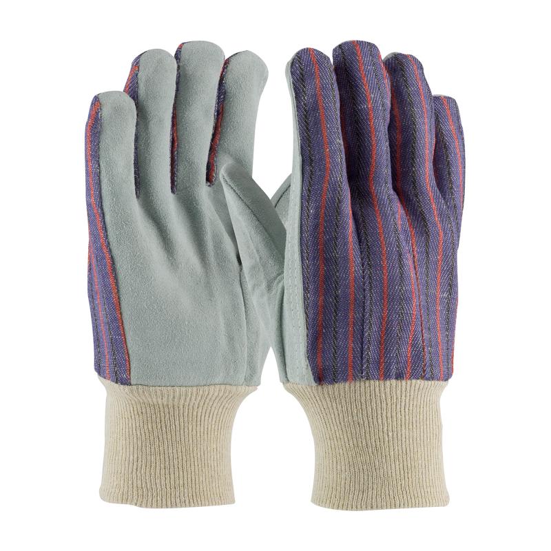 PIP Regular Grade Men's Blue Fabric Back Cowhide Leather Palm Gloves - Knitwrist