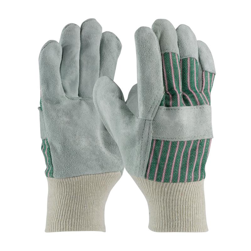 PIP Regular Grade Men's Green Fabric Back Cowhide Leather Palm Gloves - Knitwrist