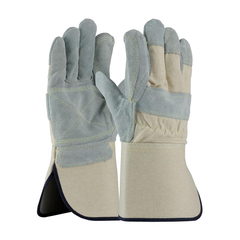 PIP X-Large White Heavy Split Cowhide Canvas Back Leather Double Palm Gloves - Rubberized Gauntlet Cuff