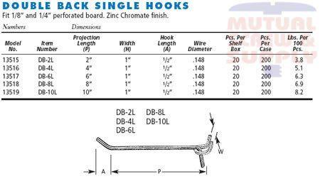 Regular Duty Double Back Single Zinc Plated Steel 1/8 1/4 Peg Board Hooks