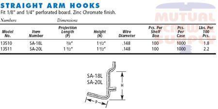 Regular Duty Straight Arm Zinc Plated Steel 1/8 1/4 Peg Board Hooks
