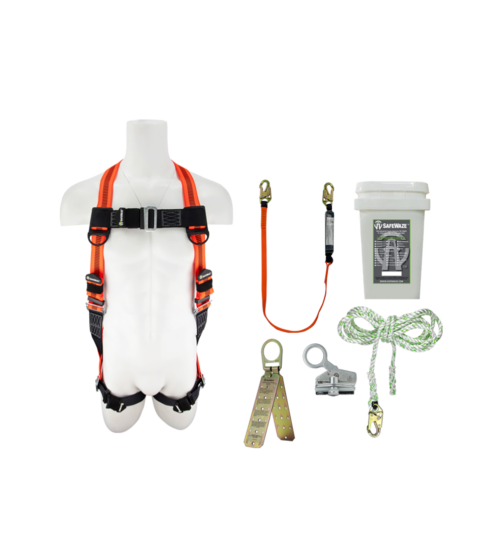 SafeWaze V-Line Fall Protection Roofer's Kit w/ Dual Cam Rope Grab in Bucket