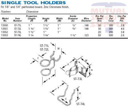 Single Tool Holder Zinc Plated Steel 1/8 1/4 Peg Board Hooks