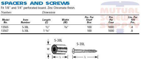 Spacers & Screw Zinc Plated Steel 1/8 1/4 Peg Board Hooks