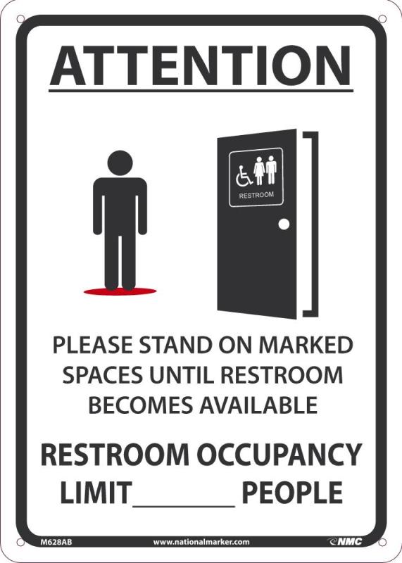 STAND ON MARKED SPACES OUTSIDE RESTROOM